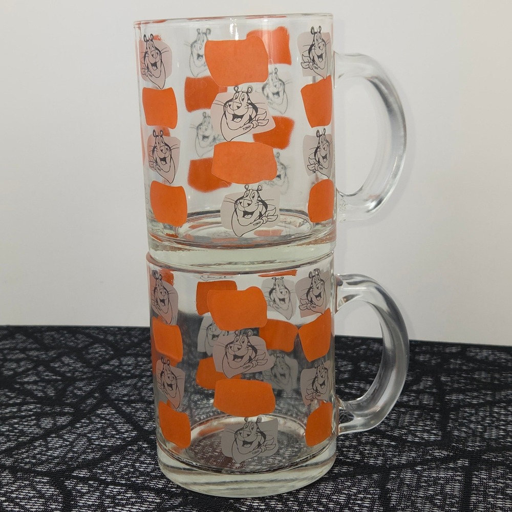 Kellogg's Tony the Tiger Glass Mugs Set of 2 Orange White 2006 Mascot Clear
